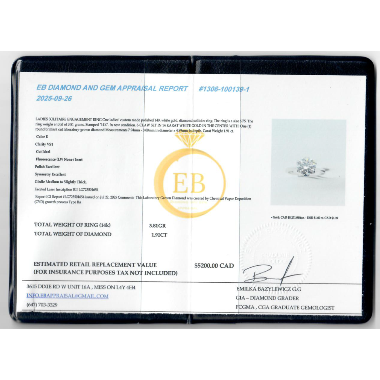 1.91 Carat TW Certified Round Brilliant Lab-Grown Diamond Solitaire Engagement Ring in 14K White Gold (E/VS1)